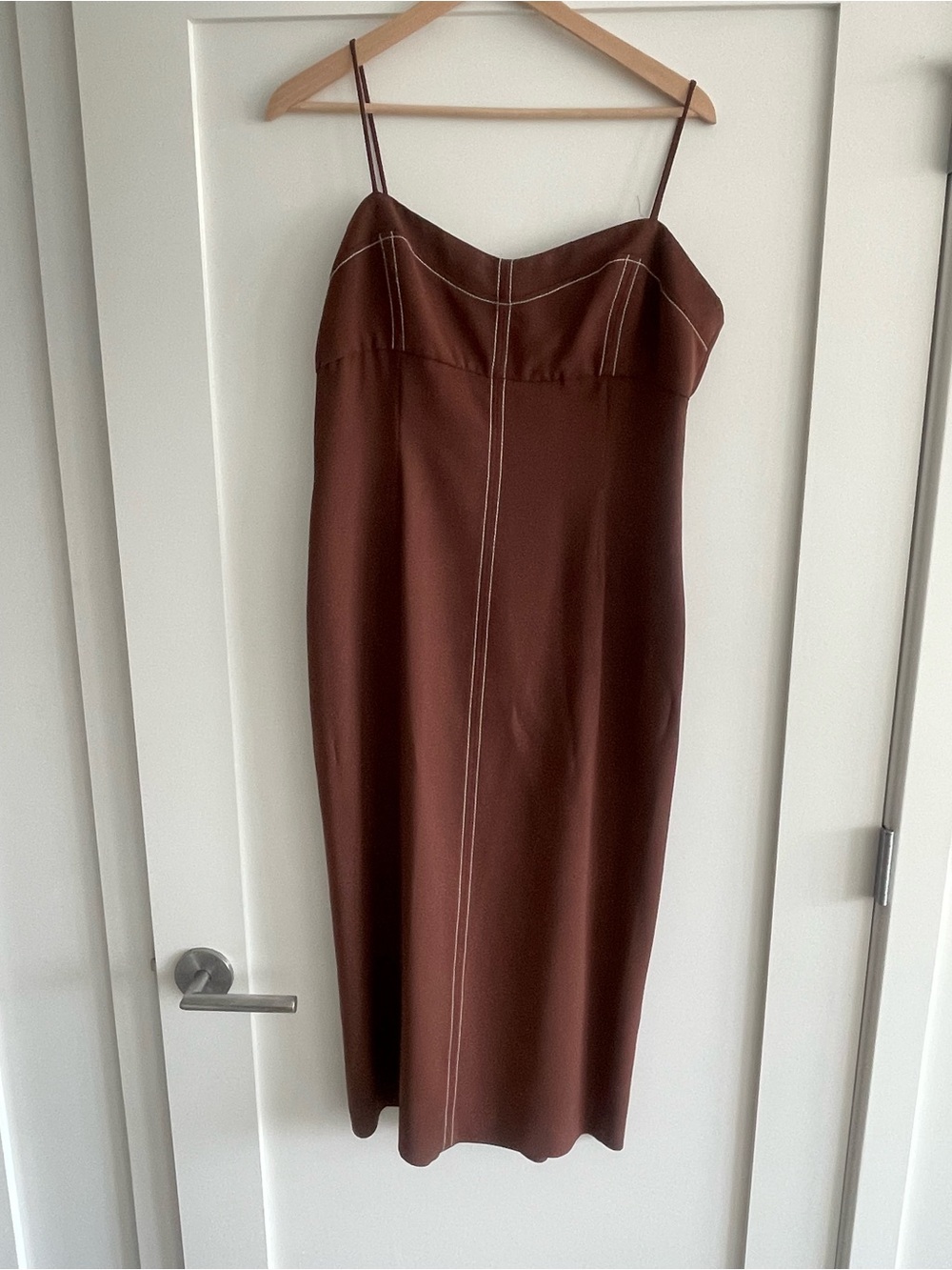 Zara Brown Spaghetti-Strap Midi Dress with Contrast Stitching